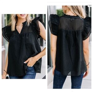 New In Black Textured Ruffled Sleeve Women's Top House Size S